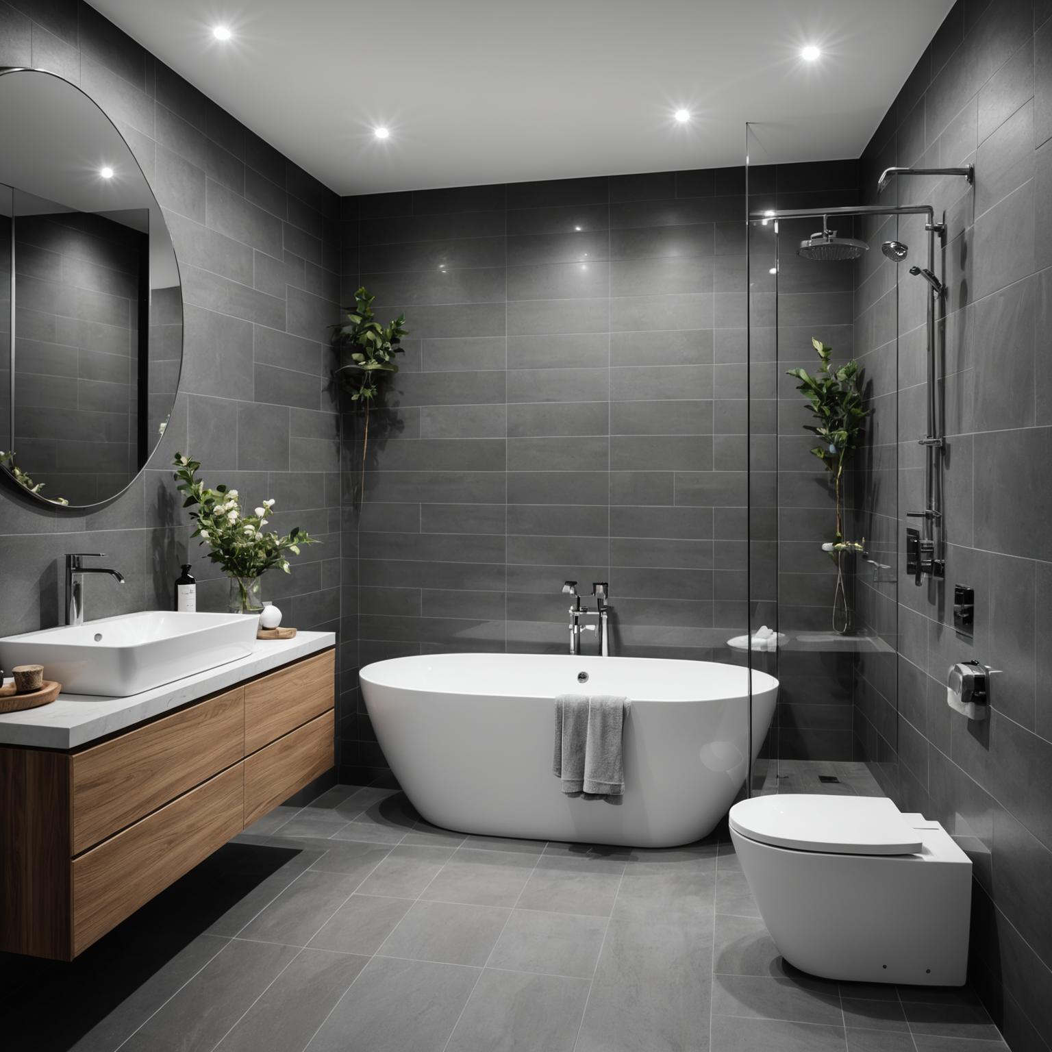 Modern bathroom renovation featuring freestanding tub and stone tiles