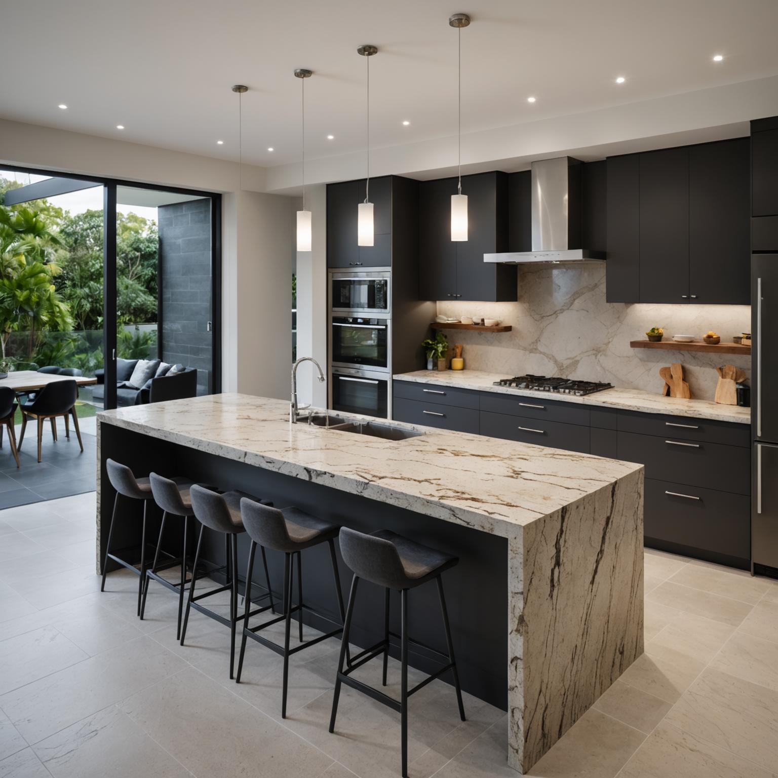 Spacious kitchen island with stone benchtop and pendant lighting
