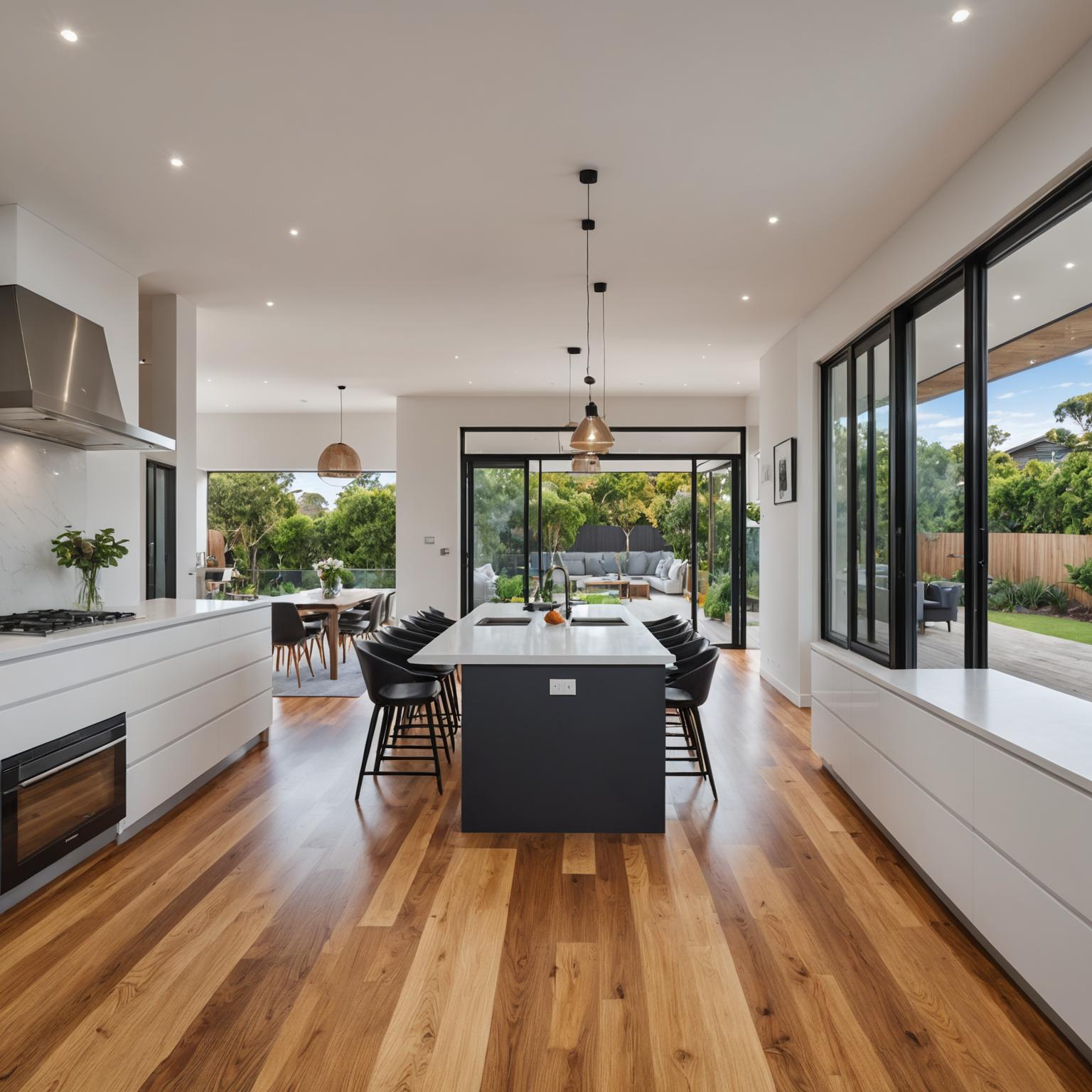Complete home renovation in Melbourne showing modern open-plan living and dining area