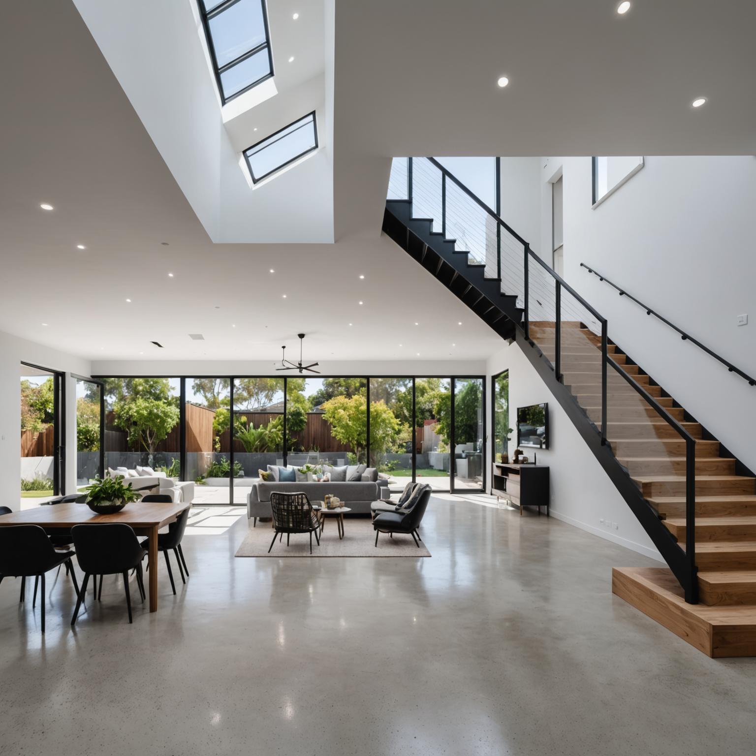 Full home renovation in progress showing modern open-plan living