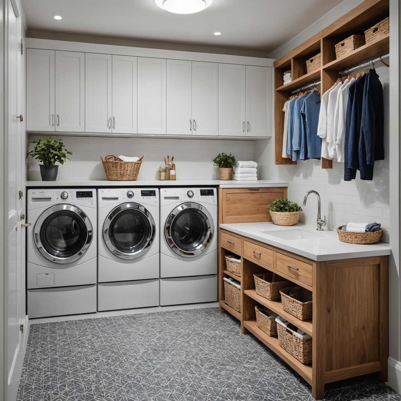 Modern laundry renovation in Melbourne with built-in cabinetry and stone benchtop