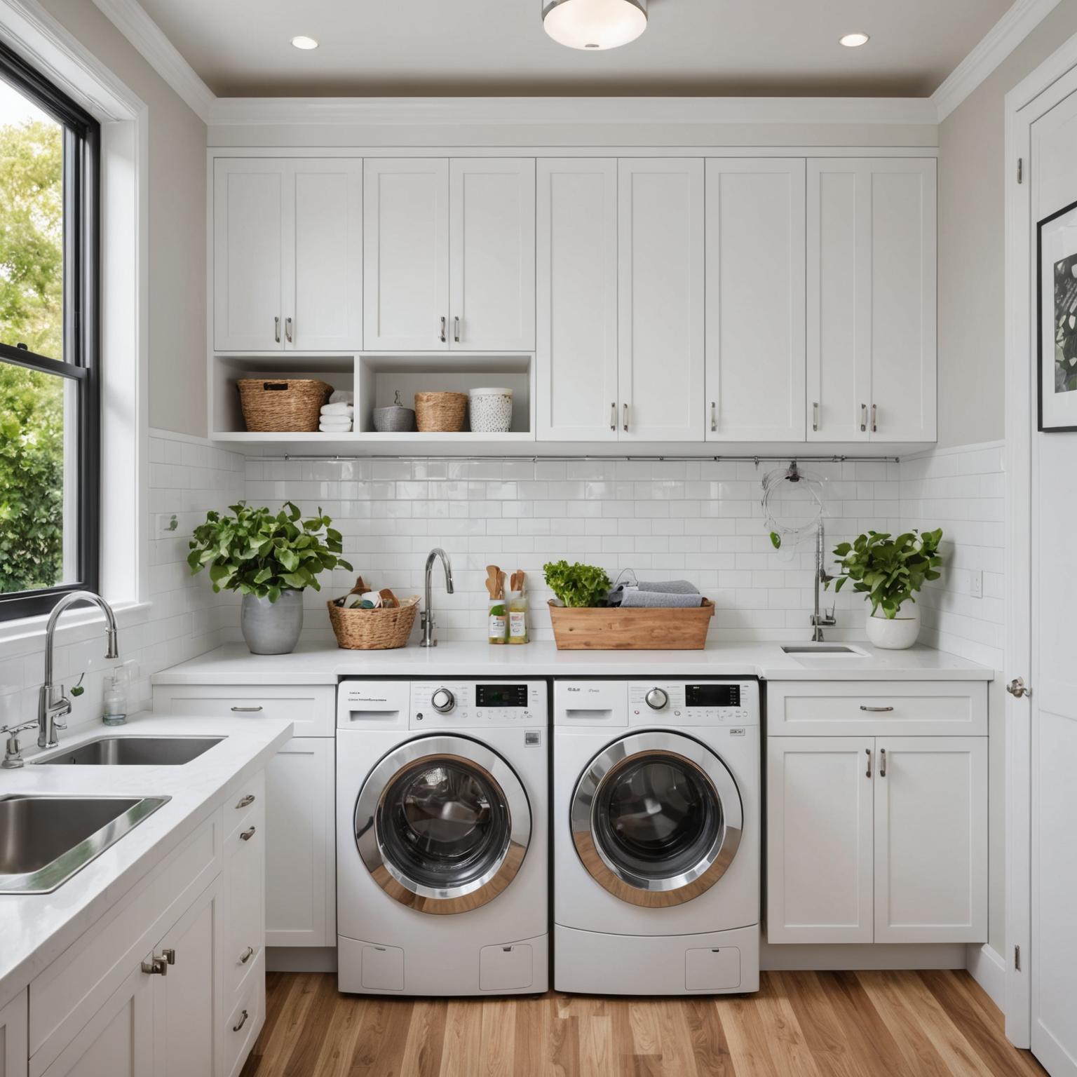 Renovated laundry with built-in storage and modern fixtures