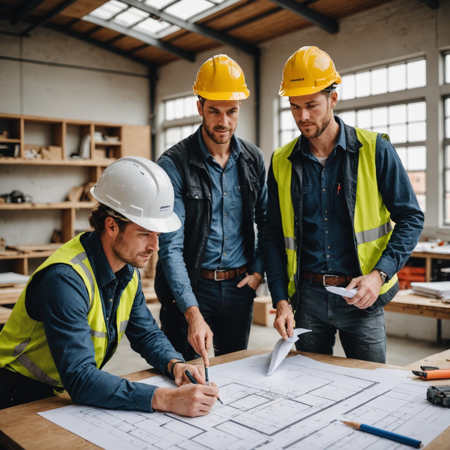 House Sanctuary Builders team reviewing renovation plans in the workshop